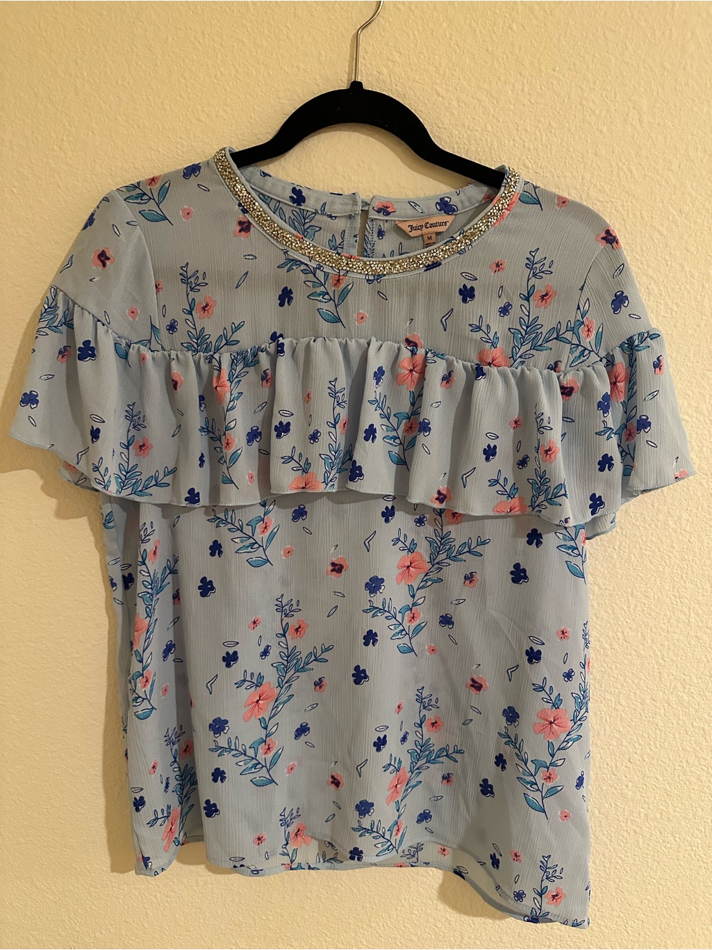 Juicy Couture Pale Blue Floral Ruffle Top With Beaded Neckline